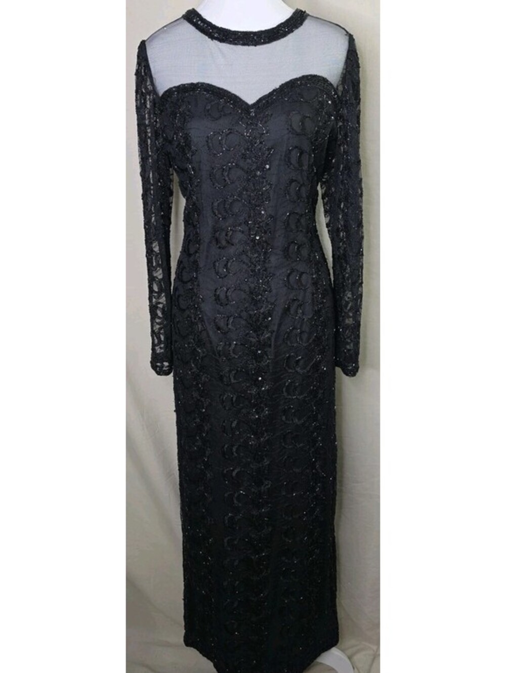 VTG 90s Allure Beaded Sequin Evening Gown Dress Womens P/L Petite Large Black...
